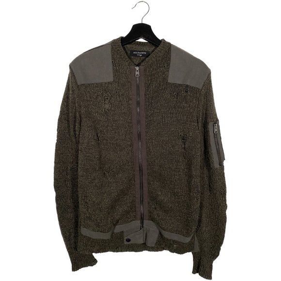 Allsaints Sannder Zip Through pre-distressed sweater olive - Picture 1 of 4